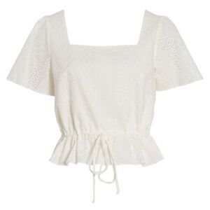 Kirious Women White Embroidered Ruffle Short Sleeve Tie Waist Blouse Shirt Small